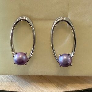 Silver Oval Earrings with Purple Pearls